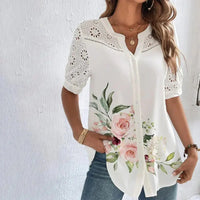 Margaret - Kurzärmelige Spitzenbluse – Weiße Rosen