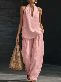 Nele | V-Ausschnitt-Top & weite Hose im Leinen-Look – Rosa