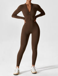 Stefanie - Langarm-Reißverschluss-Jumpsuit – Kaffee