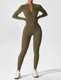 Stefanie - Langarm-Reißverschluss-Jumpsuit – Grünbraun