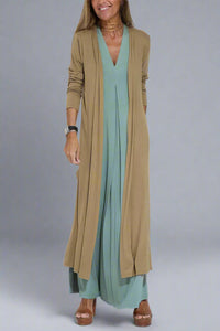 Elfriede | Elegantes Maxikleid mit Gratis Cardigan für jede Gelegenheit – Grün Kleid + Braun Cardigan
