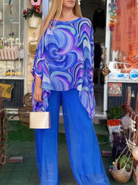 Tamsin | Damen Zweiteiler Set Oversize Bluse Palazzo Hose – Blau