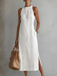 Zenobia | Damen Ärmeloses Midikleid mit Stehkragen – Weiß