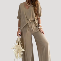 Zivana | Damen Zweiteiler V-Ausschnitt Weite Hose Set – Khaki