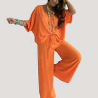 Zivana | Damen Zweiteiler V-Ausschnitt Weite Hose Set – Orange